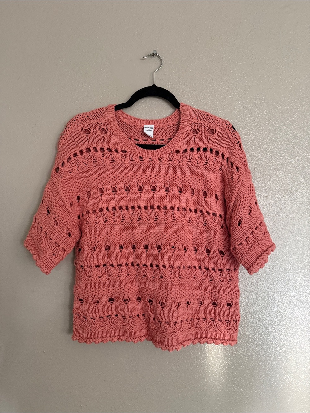 Crochet Knit Short-Sleeve Sweater Top - Coral Pink